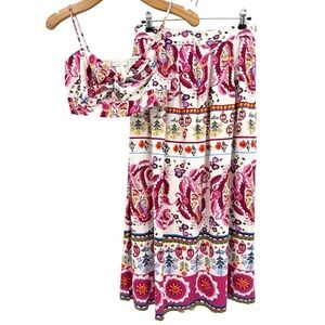 Caroline Constas Printed Linen Bralette Crop Top and Midi Skirt Set Size S
